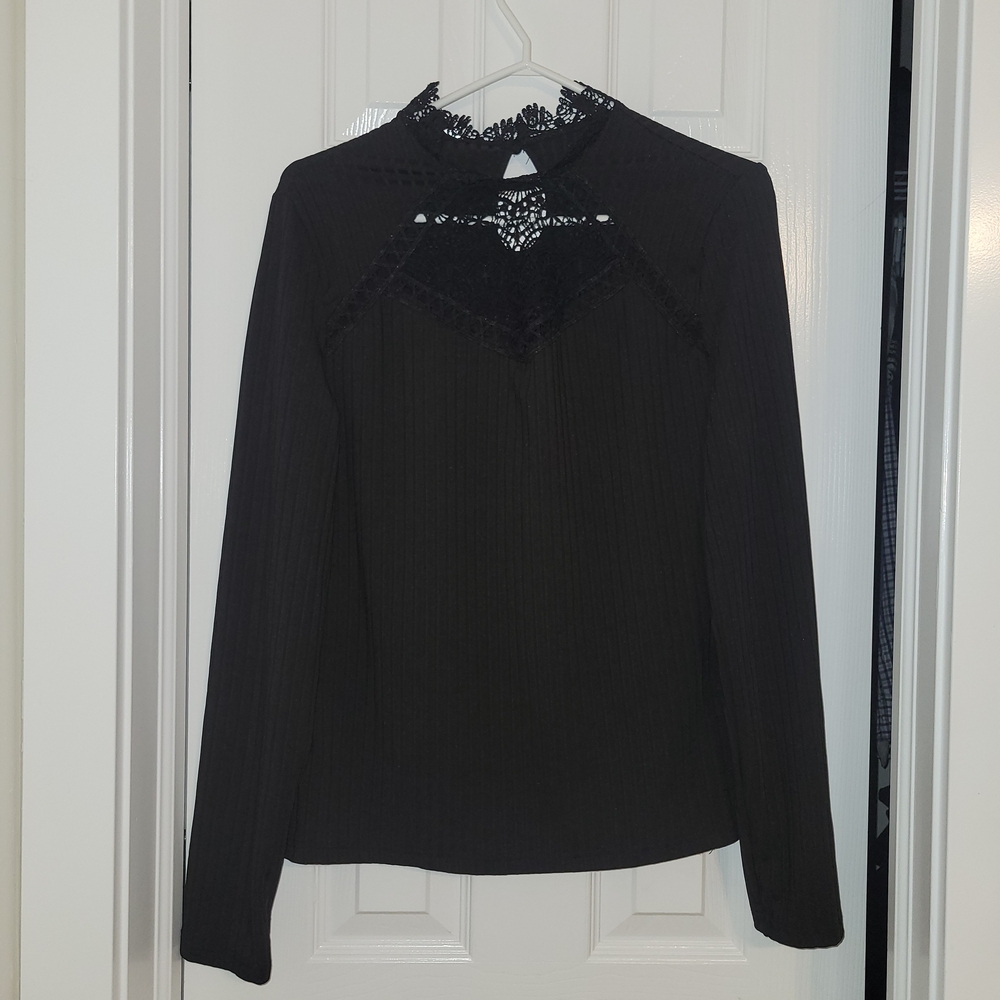 Shien Elegant Black Lace Trim Women's Top Size L